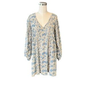 DOLMA Alya Floral‎ Blue Parchment 3/4 Sleeve Tunic Top Women's Size L Pintuck